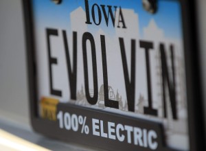  Iowa license plate, 100% electric badge